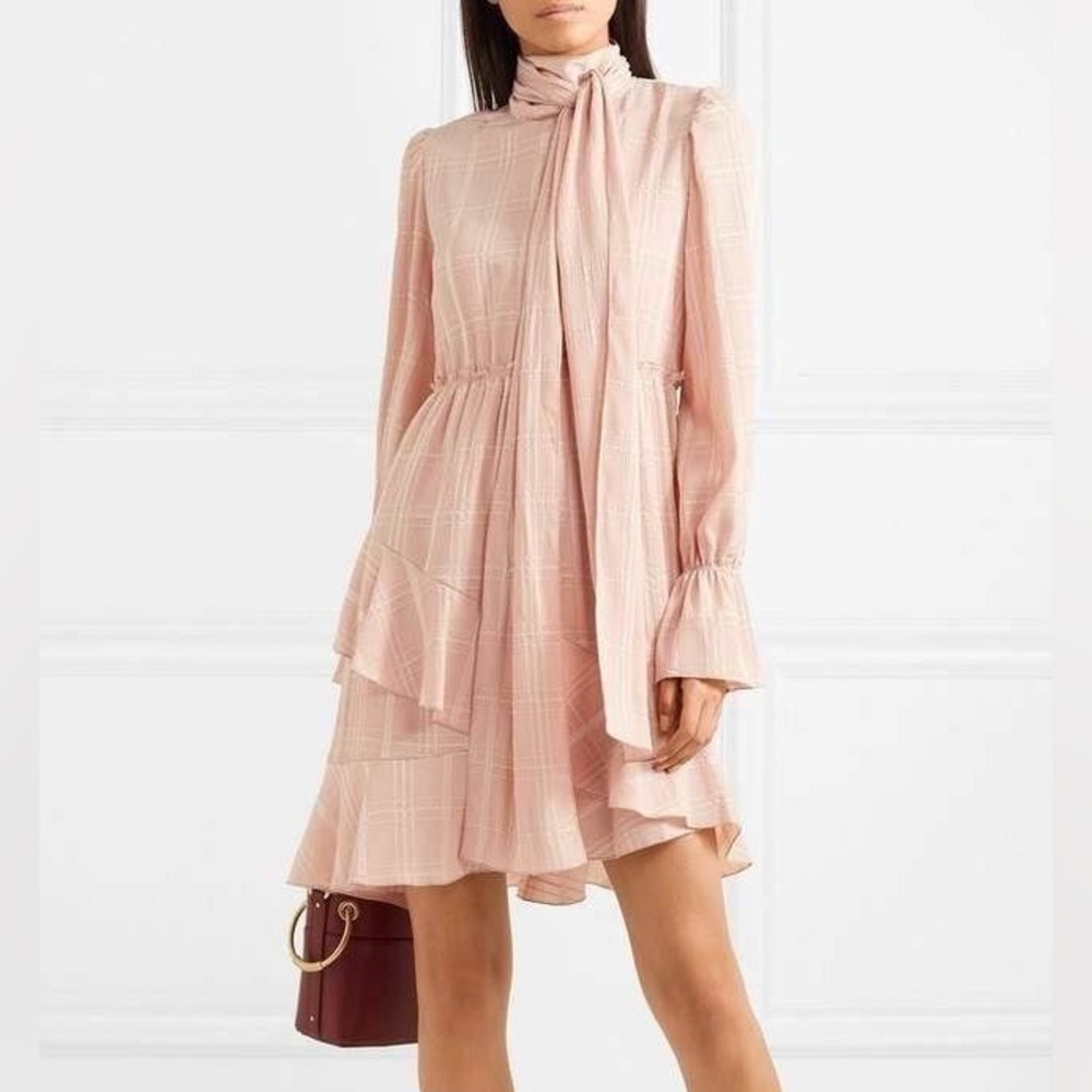 See By Chloè Georgette Check Ascot Tie Ruffle Flouncy Dress Smoky Pink - Picture 1 of 14
